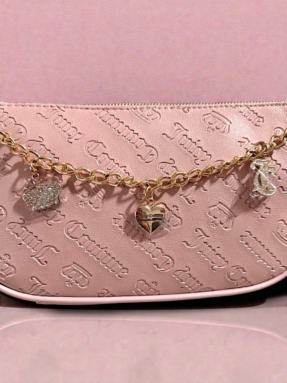 👑 Juicy Couture Pink Embossed Shoulder Bag w/Gold Charms - Picture 11 of 16